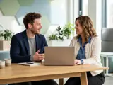 Two business professionals collaborating at a wooden table with an open laptop, exploring Combinum CPQ sales solutions.